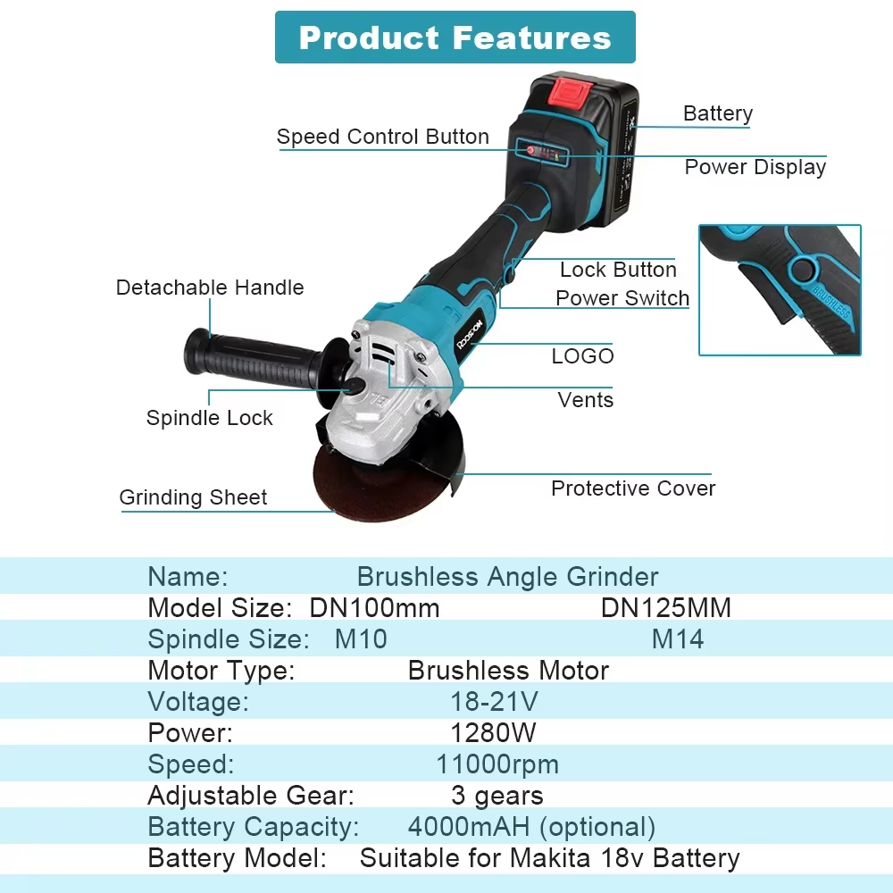 Brushless Angle Grinder Battery Powered - 125/100 مللي متر زاوية طاحونة فرش