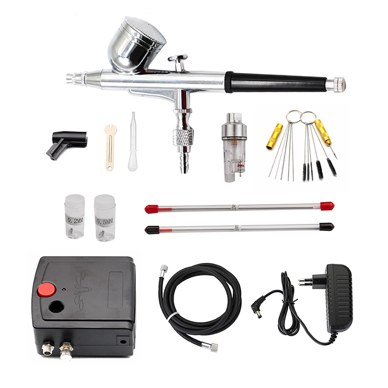 Airbrush Kit With Mini Compressor - بخاخة مسدس رش مزدوج الحركة مع